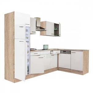 Yorki 280 corner kitchen cabinet, sonoma oak body, satin white front, top-freezer refrigerator