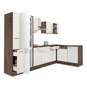 Yorki 310 corner kitchen furniture, Yorki oak body, satin white front, undermount refrigerator