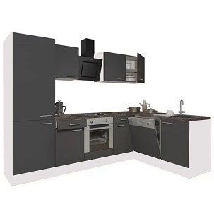 Yorki 280 corner kitchen furniture, white body, satin anthracite front with lower oven element, shelf cabinet