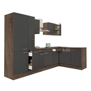 Yorki 310 corner kitchen furniture, Yorki oak body, satin anthracite front, with shelf cabinet