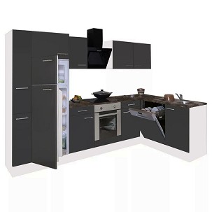 Yorki 310 corner kitchen cabinet, white body, satin anthracite front, bottom oven element, top freezer refrigerator