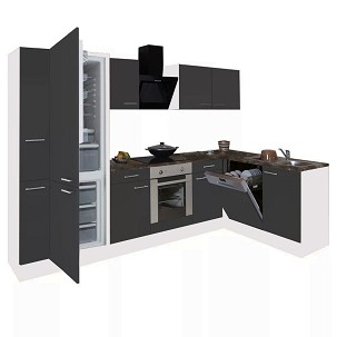 Yorki 310 corner kitchen furniture, white body, satin anthracite front, lower oven element, lower refrigerator cabinet