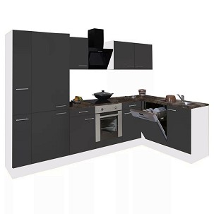 Yorki 310 corner kitchen furniture, white body, satin anthracite front with lower oven element, shelf cabinet
