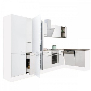 Yorki 370 corner kitchen cabinet, white body, satin white front, lower oven element, shelf cabinet, bottom freezer refrigerator