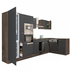 Yorki 370 corner kitchen furniture, Yorki oak body, satin anthracite front, with undermount refrigerator