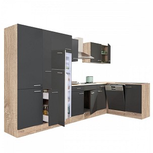 Yorki 370 corner kitchen furniture with sonoma oak body, satin anthracite front, shelf cabinet and top-freezer refrigerator