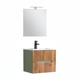 Trent Bathroom furniture 60 cm with ceramic sink (2 drawers) and mirror 60x80 cm olive green-sunset oak