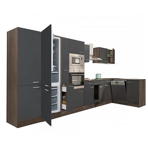 Yorki 430 corner kitchen furniture, Yorki oak body, satin anthracite front, undermount refrigerator