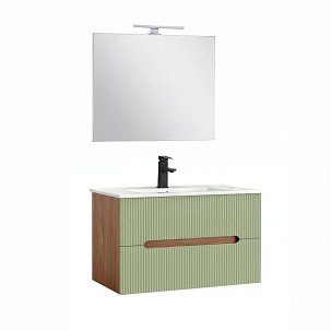 Trent Bathroom furniture 80 cm with ceramic washbasin (2 drawers) and mirror 60x80 cm sunset oak-pistachio green