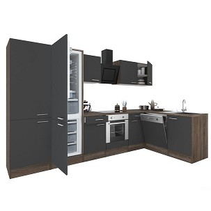 Yorki 340 corner kitchen furniture, Yorki oak body, satin anthracite front with lower oven element, shelf cabinet, bottom freezer refrigerator