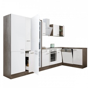 Yorki 370 corner kitchen furniture, Yorki oak body, satin white front with lower oven element, shelf cabinet, bottom freezer refrigerator.