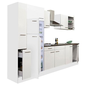 Yorki 300 kitchen furniture, white body, satin white front, top-freezer refrigerator
